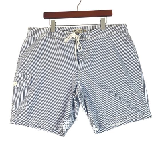 J Crew Seersucker Striped Swimsuit Mens 38 Blue White Retro Vintage Swim Trunks - Picture 1 of 10